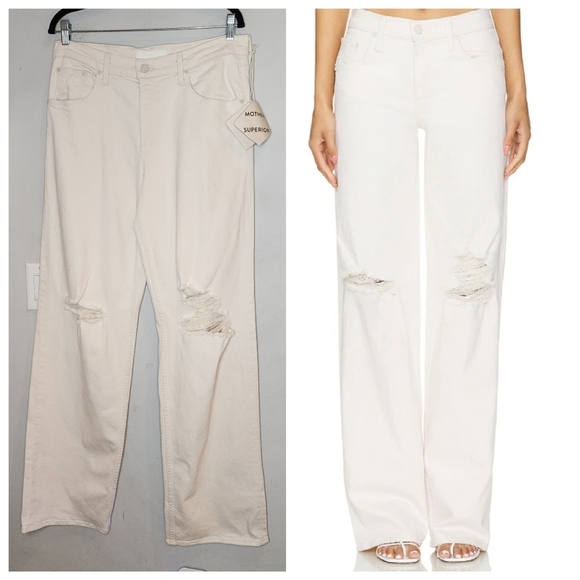 NWT MOTHER 32 Tall Down Low Spinner Heel Cream Wide Leg Distressed Denim Jeans